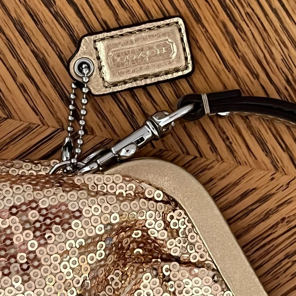 COACH Julia Gold Sequin Kisslock Frame Clutch Wristlet
